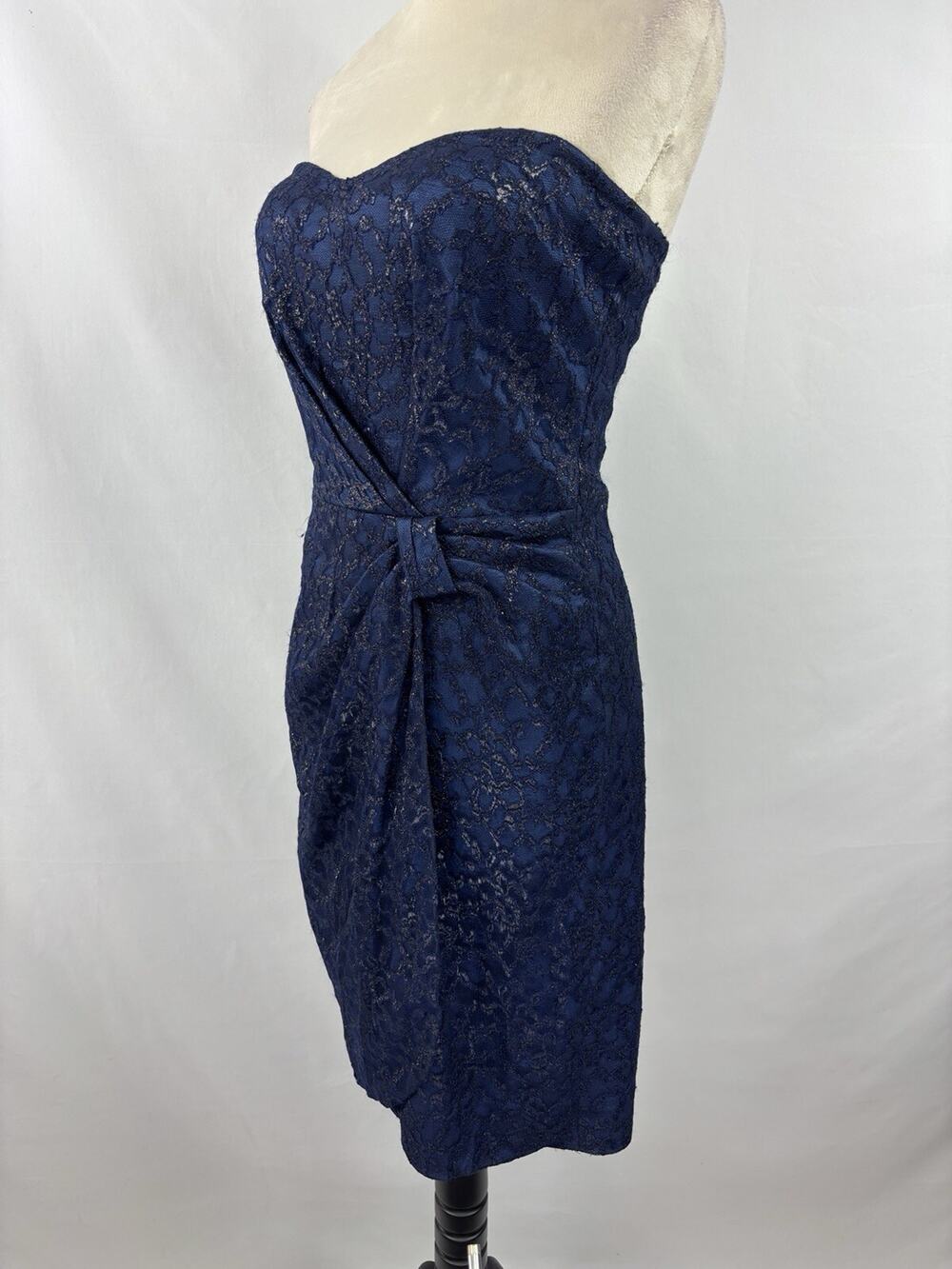 David Meister Strapless Cocktail Dress Blue Black Lace Metallic 6 Boning